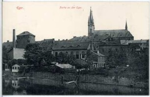Eger (Böhmen). Partie an der Eger mit Basilika St. Nikolaus