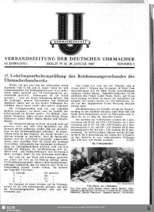 17. Lehrlingsarbeitenprüfung des Reichsinnungsverbandes des Uhrmacherhandwerks