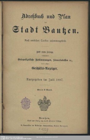 1887: Adreßbuch und Plan der Stadt Bautzen