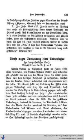 Strafe wegen Entwendung eines Todtenkopfes.