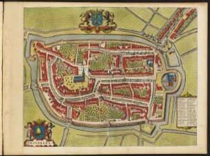 Stadtplan von Franeker, Niederlande , 1:1 800, kolorierter Kupferstich, um 1657 : Franekera - [Ca. 1.800] /[Amsterdam] : [Ioannes Ianssonius], [1657]. - 1 Vogelschaukarte : 1 Kupferst. ; 49,8 x 40,0 cm. - Mit 2 Wappen. - Mit Gebäudeverz. - Titel unten links. - Vermutl. aus: Theatrum Urbium Celebriorum totius Belgii Sive Germaniae Inferioris [Theatrum / 4] / Jansson, Jan. - Amstelodami//Amsterdam : Ioannes Ianssonius, 1657