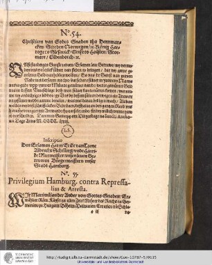 No. 54. Schriftiwen can Godts Gnaden tho Denmarken/Sweden/Norwegen/rc. König Hertoge to Sleßwick/Grefe Holsten/Stormare/Oldenborch/rc.