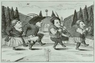 Vier marschierende und musizierende Zwerge