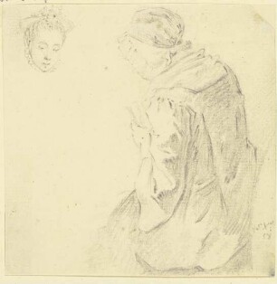 Sitzende Frau mit Haube, nach links gewandt, dreiviertel vom Rücken gesehen, mit Spielkarten in der Hand, links oben ein Mädchenkopf
