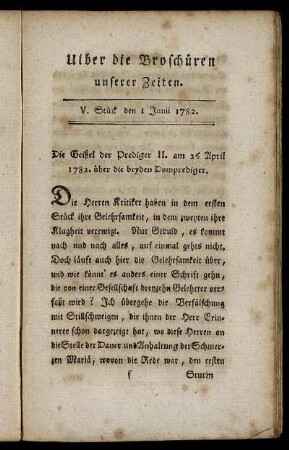 V. Stück den 1 Junii 1782