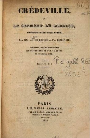 Crédeville, ou le serment du gabelon : Vaudeville en 2 actes