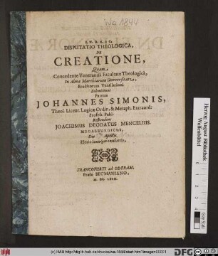 Disputatio Theologica, De Creatione