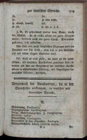 Verzeichniß der Kunstwörter, die in der Sprachlehre vorkommen, in teutscher und lateinischer Sprache.