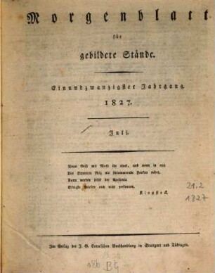 Morgenblatt für gebildete Stände. 21,2. 1827