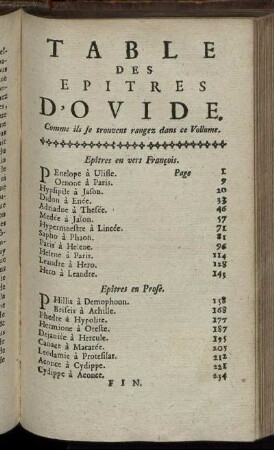 Table Des Epitres D'Ovide.