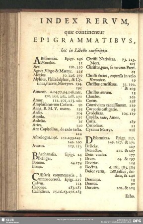 Index Rerum, quae continentur Epigrammatibus, hoc in Libello conscriptis