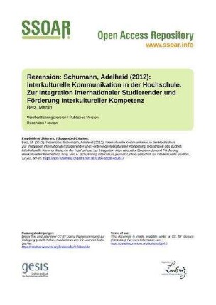 Rezension: Schumann, Adelheid (2012): Interkulturelle Kommunikation in der Hochschule. Zur Integration internationaler Studierender und Förderung Interkultureller Kompetenz