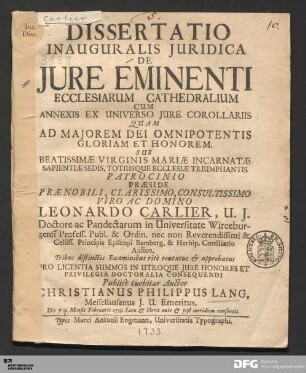 Dissertatio Inauguralis Juridica De Jure Eminenti Ecclesiarum Cathedralium Cum Annexis Ex Universo Jure Corollariis