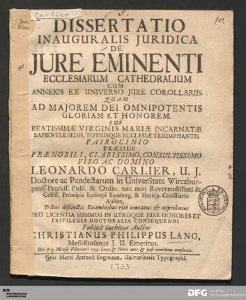 Dissertatio Inauguralis Juridica De Jure Eminenti Ecclesiarum Cathedralium Cum Annexis Ex Universo Jure Corollariis