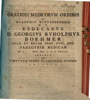 Panegyrin Medicam ... Indicit Et Virtvtem Febris In Sanandis Spasmis Exponit