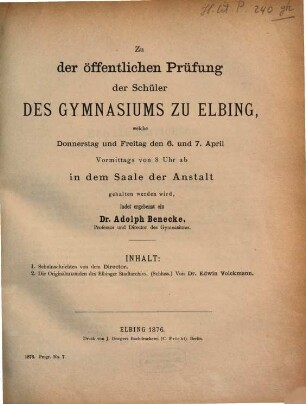 Zu der öffentlichen Prüfung und Schlußfeier in dem Saale der Anstalt ... ladet ergebenst ein. 1875/76