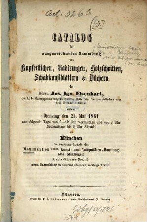 Kunstauctions-Cataloge der Montmorillon'schen Kunsthandlung und Auctionsanstalt (Joseph Maillinger). [3.] 1861, 21. Mai
