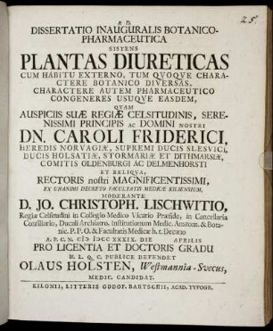 Dissertatio Inauguralis Botanico-Pharmaceutica Sistens Plantas Diureticas Cum Habitu Externo, Tum Quoque Charactere Botanico Diversas, Charactere Autem Pharmaceutico Congeneres Usuque Easdem