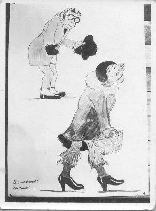 Karikatur "Ei õnnestunud! Kein Glück!". Federzeichnung, farbig lasiert (um 1930; E. Richter). Dresden-Südvorstadt, Eisenstuckstraße, Atelier der Künstlerin