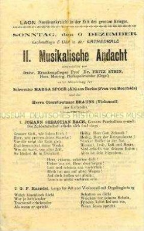 Programm für eine musikalischen Andacht in der Kathedrale zu Laon