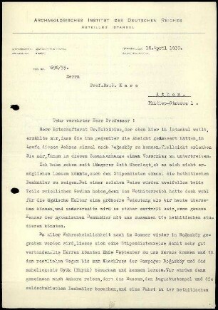 K. Bittel an G. Karo