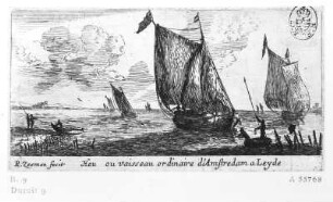 Von Amsterdam nach Leiden segelnde Schiffe : Zeeman, Reinier, eigentlich Nooms, genannt Zeemann. Von Amsterdam nach Leiden segelnde Schiffe. Kupferstich, Radierung; 65 x 123 mm (beschnitten). Dresden: Kupferstich-Kabinett A 55 768, B. 9 in A 1176, 1