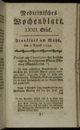 XXXII. Stück. Frankfurt am Mayn, den 6 August 1785. - XXXV. Stück. Frankfurt am Mayn, den 27 August 1785.
