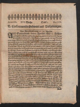 Anno 1665. XVII. Woche. Stück 1. No. LXV.
