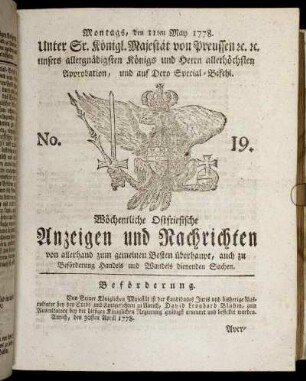 No. 19. Montags, den 11ten May 1778.
