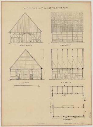Hentrup (Kreis Beckum): Hof Schulte Hollenhorst. Viehhaus mit Wagenschuppen (Grundriss, Nordansicht, Ostansicht, Schnitte)