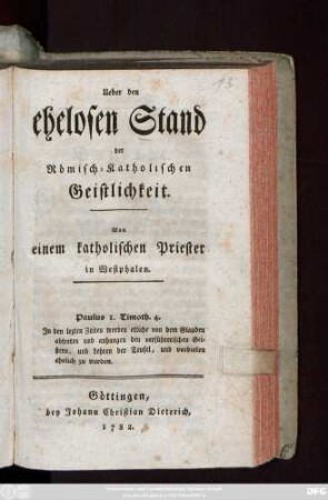 Ueber den ehelosen Stand der Römisch-Katholischen Geistlichkeit