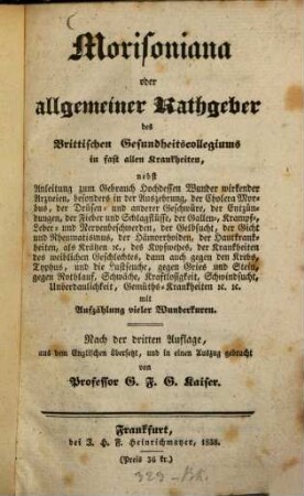 Morisoniana : oder allgemeiner Rathgeber des Brittischen Gesundheitscollegiums in fast allen Krankheiten ...