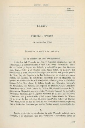 LXXXIV Tripoli - Spagna 10 settembre 1784