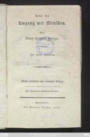 Theil 1: Ueber den Umgang mit Menschen ... : In drey Theilen