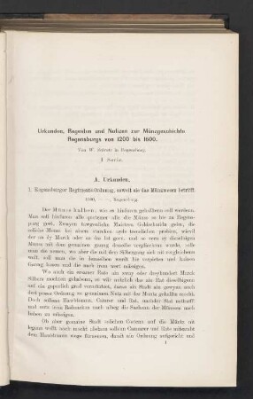 Urkunden, Regesten und Notizen zur Münzgeschichte Regensburgs von 1200 bis 1600