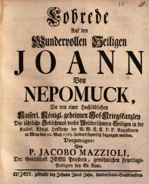 Lobrede auf den wundervollen h. Johan v. Nepomuk