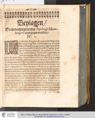 Beylagen/So in der vorhergehender Apologia Hamburgenli angezogen worden: No. I.