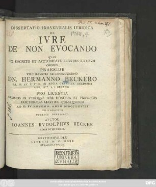 Dissertatio Inavgvralis Ivridica De Ivre De Non Evocando