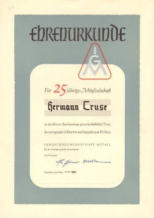 Ehrenurkunde für Hermann Cruse, Aschaffenburg