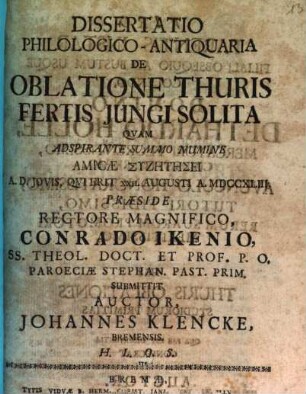Dissertatio Philologico-Antiquaria De Oblatione Thuris Fertis Jungi Solita