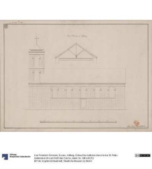 Essen, Kettwig. Entwurf zur katholischen Kirche St. Peter. Seitenansicht und Profil des Dachs