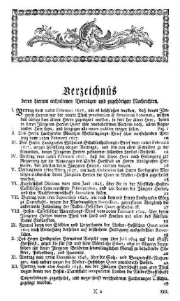 Verzeichnüs deren hierinn enthaltenen Verträgen und zugehörigen Nachrichten.