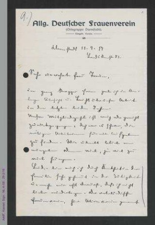 Brief von Karoline Balser an Antonie Traum mit Bericht der Ortsgruppe Darmstadt