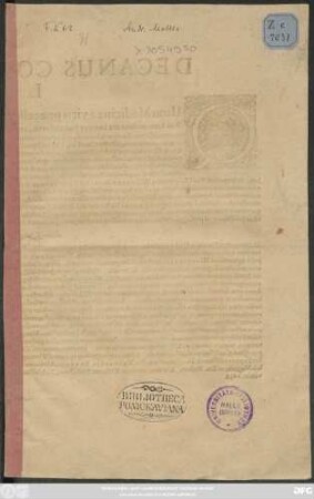 Decanus Collegii Medici L.S. & O. ... : P.P. Jenae 26. Novembr. 1637.