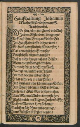 Haußhaltung Johannis Mathesii/ Predigers in S. Joachimsthal.