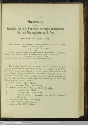 Nachtrag zu dem Verzeichniss der in der Preussischen Oberlausitz vorkommenden Land- und Wassermollusken von R. Peck