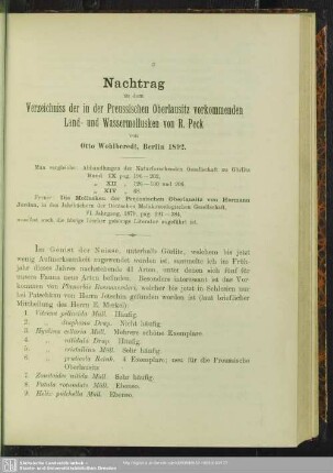 Nachtrag zu dem Verzeichniss der in der Preussischen Oberlausitz vorkommenden Land- und Wassermollusken von R. Peck