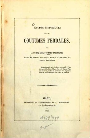 Études historiques sur les coutumes féodales