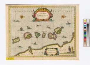 Karte der Molukken, [Ca. 1:275 000], Kupferstich, ca. 1658 : Insularum Moluccarum nova descriptio / [hrsg. von] Joannes Janssonius. - [Ca. 1:275 000]. - [Amstelodami] : apud Joannem Janssonium , [ca. 1658]. - 1 Kt. : Kupferst. ; 48 x 36 cm. - Maßstab in graph. Form (Milliaria Germanica communia, Milliaria Gallica communia). - W oben