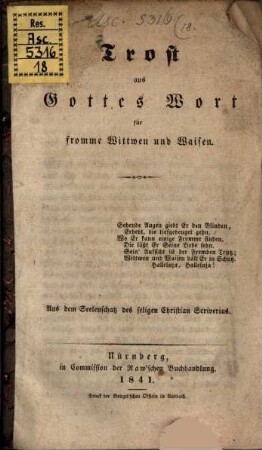 Trost aus Gottes Wort für fromme Wittwen und Waisen : aus dem Seelenschatz